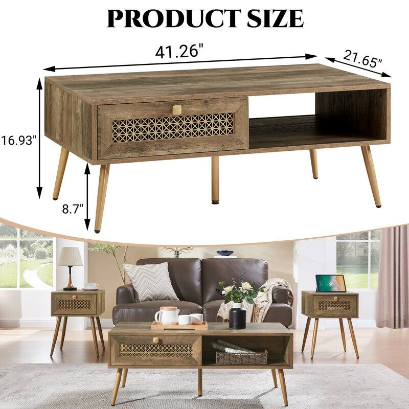 42" W Wood Rectangular Coffee Table with Storage Shelf and Drawer