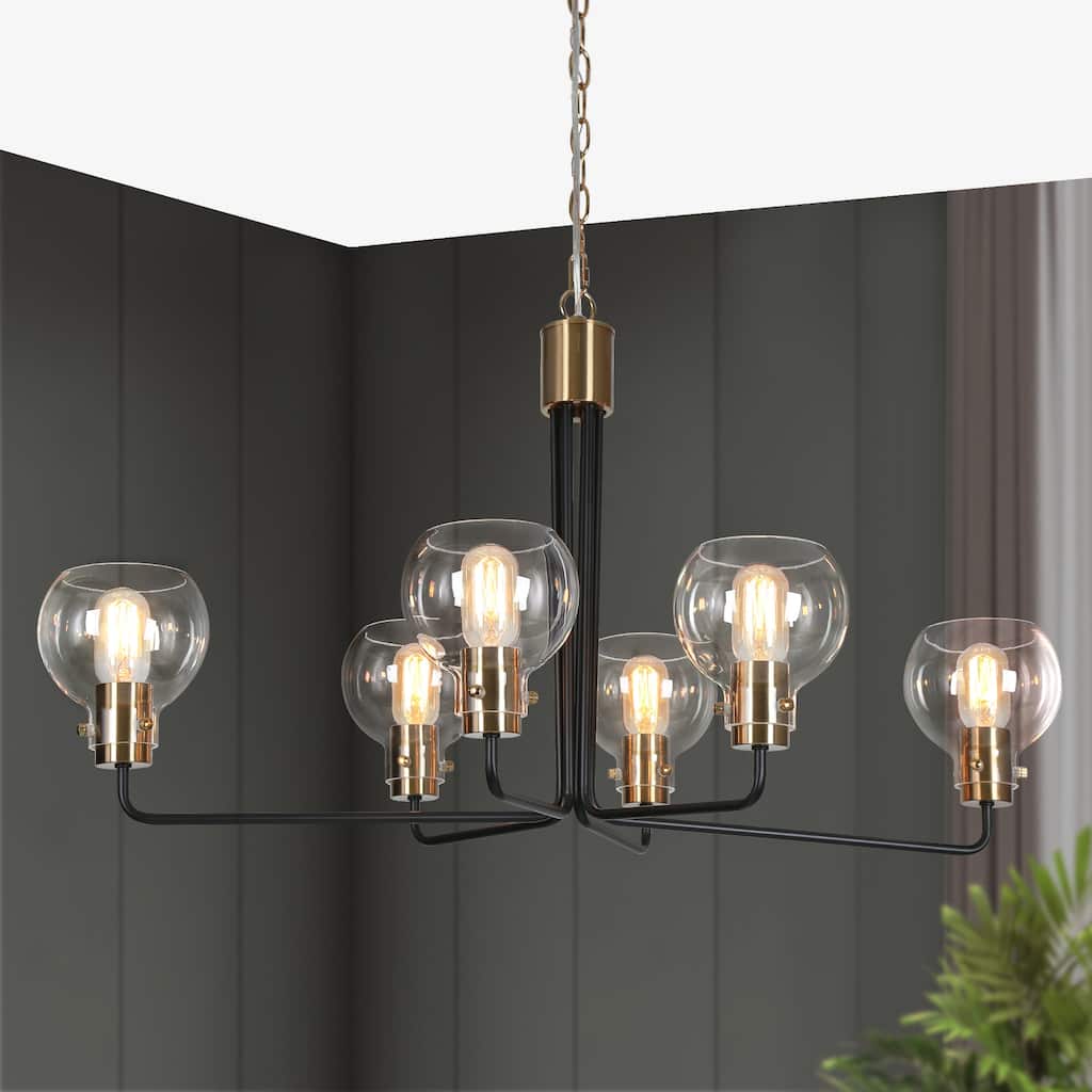 Modern 6-Light Black Gold Wheel Chandeliers Globe Glass Pendant Light for Dining Room