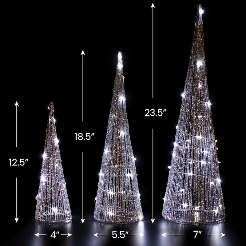 3 LED Silver Glitter Cone Tree Outdoor Christmas Decorations 23.5"