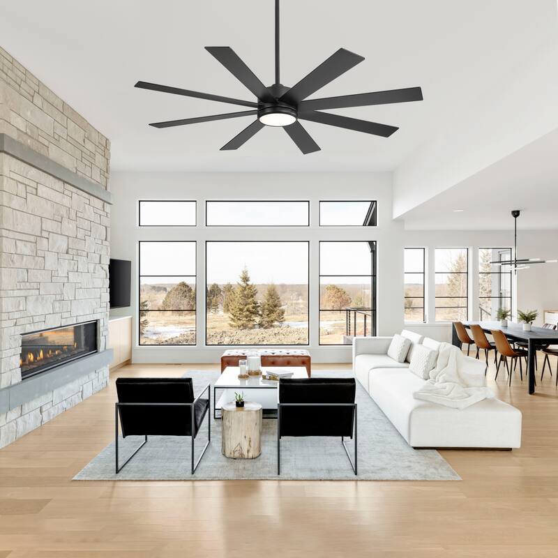 65-inch Black Ceiling Fan with LED Light Remote and Downrod(8-Blade) - Black - Remote - 65-inch