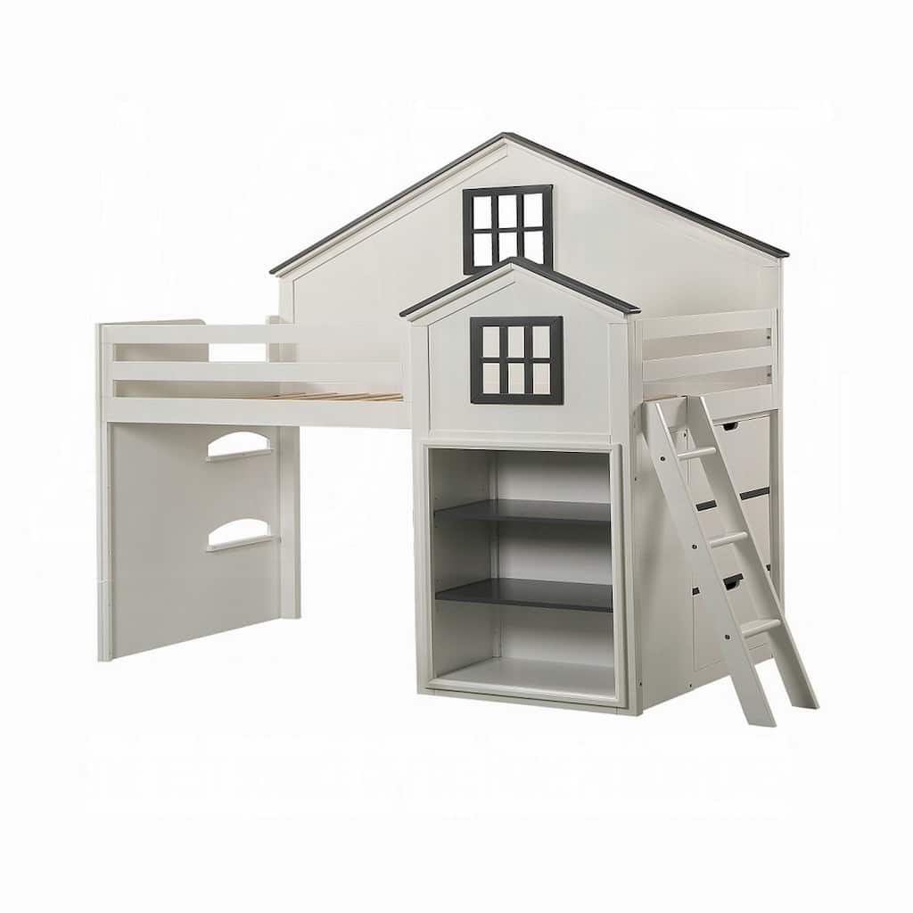 Robin Twin Size Loft Bed, House Design, Built In Bookshelf, White Gray