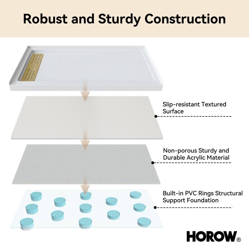 HOROW 60 x 32 Inch Alcove Shower Pan Base in White with Left Drain - Left Drain Location