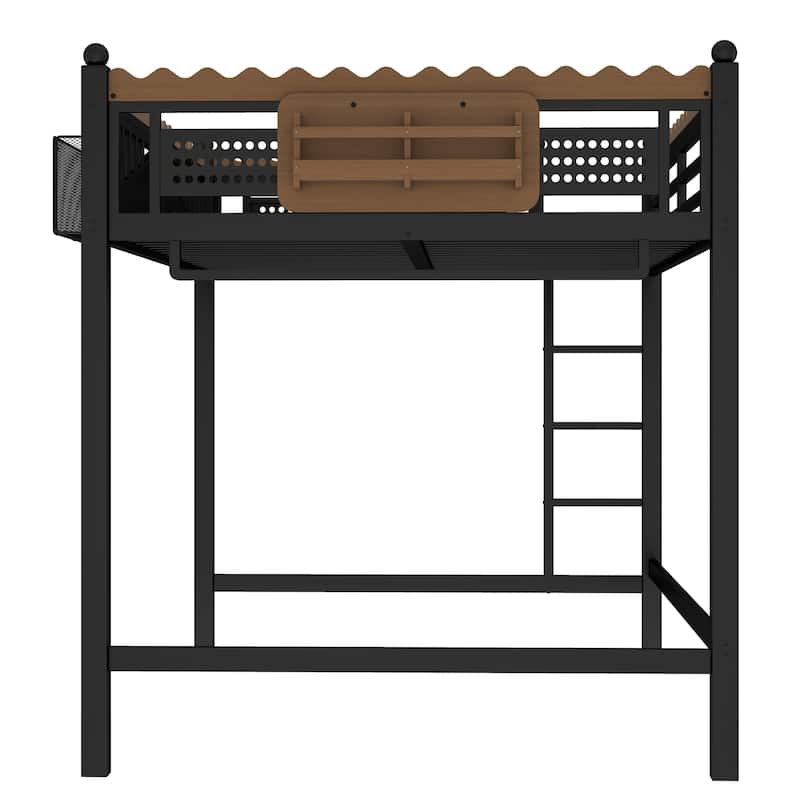 Modern Metal Loft Bed with Shelves & Bookshelf, Ladder Entry, No Box Spring Needed, Multi-Size