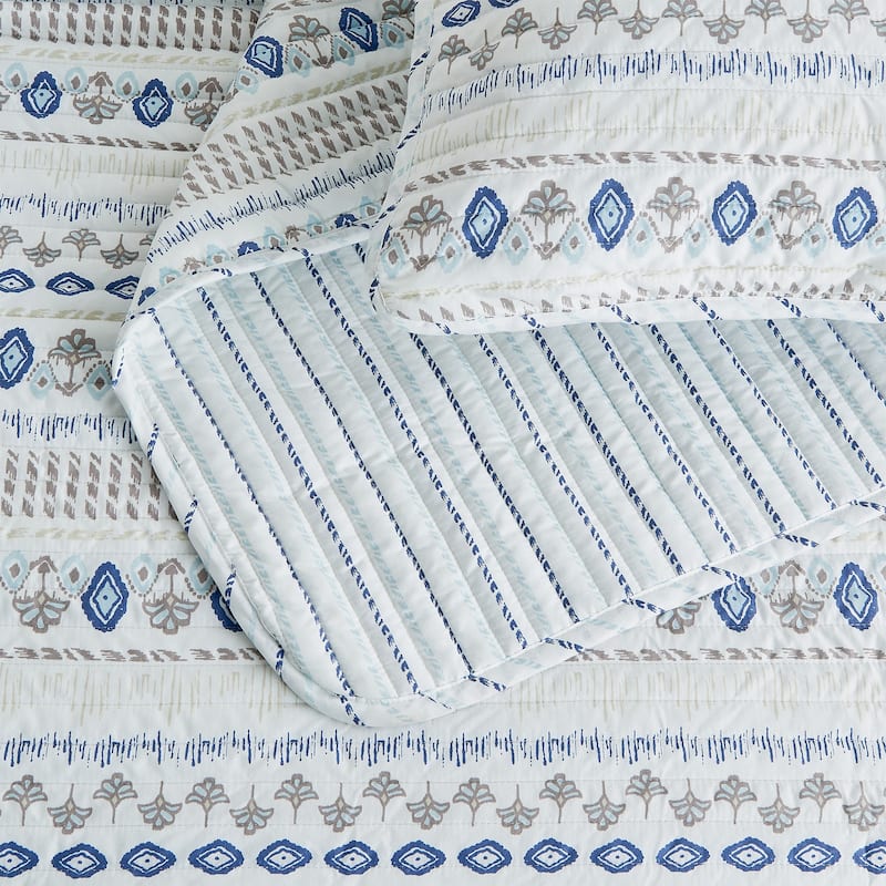 Linery & Co. Floral Stripe Printed Reversible Stitched Quilt Set with Shams