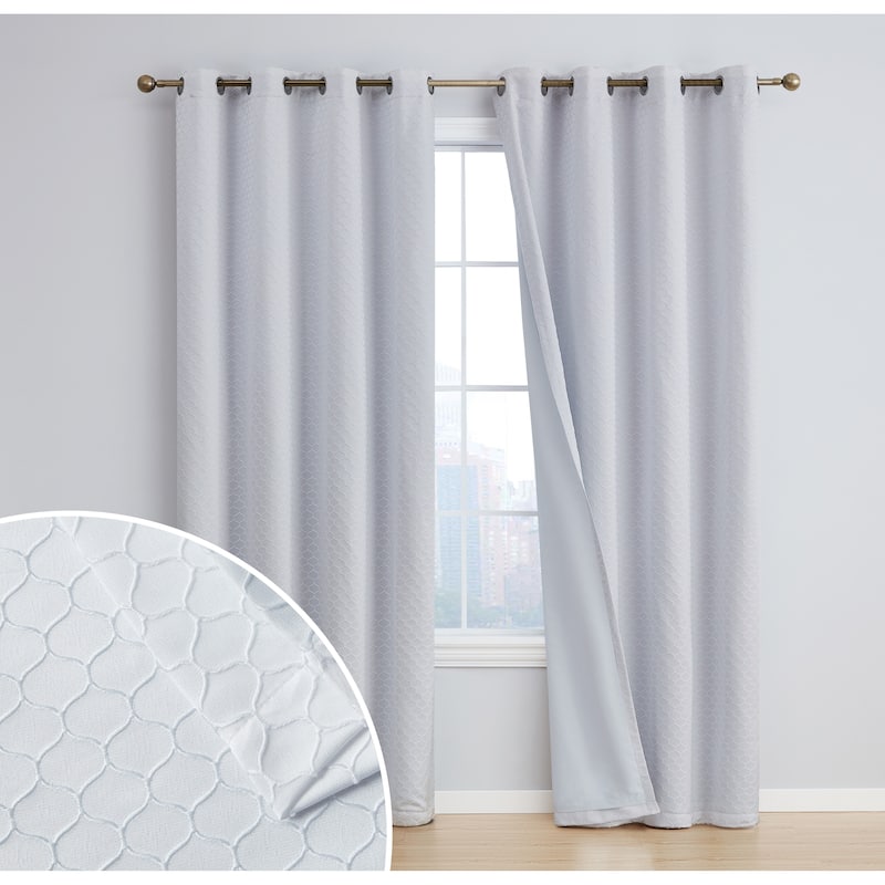 HLC.me Sienna Pattern 100% Complete Blackout Thermal Insulated Double Layer Window Curtain Grommet Panels, Set of 2 - 50 W x 108 L per panel - Set of 2 - White