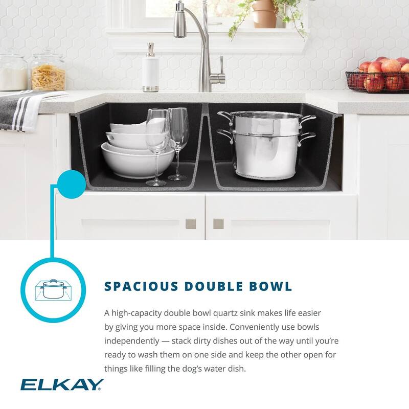Elkay Quartz Classic 33" x 20-1/2" x 9-1/2", Offset 60/40 Double Bowl Undermount Sink with Aqua Divide