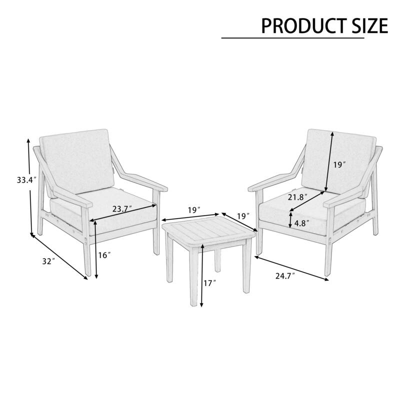 3-piece Teak Modern Cushioned Club Chairs Set Patio Bistro Set