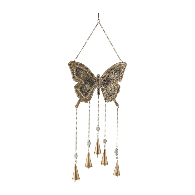 Metal Windchime with Glass Accents and Iron Bells in Butterfly Shape - 10" x 2" x 24" - Gold