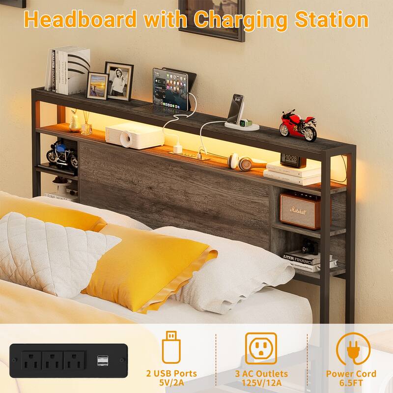 Bed Frame with Charging Station and RGB LED Lights, Sturdy Platform Bed with Storage Headboard,