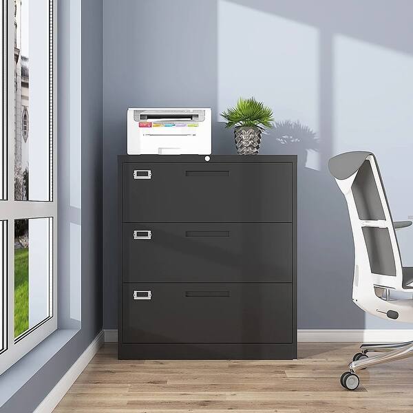 slide 2 of 25, Lateral file cabinet 3 drawers Black