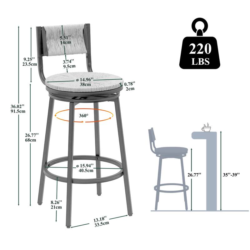 Swivel Counter Height Bar Stools Set of 2, Bar Height Stools, Paper Rope Woven Bar Stools, Farmhouse Island Chair w/ Metal Frame
