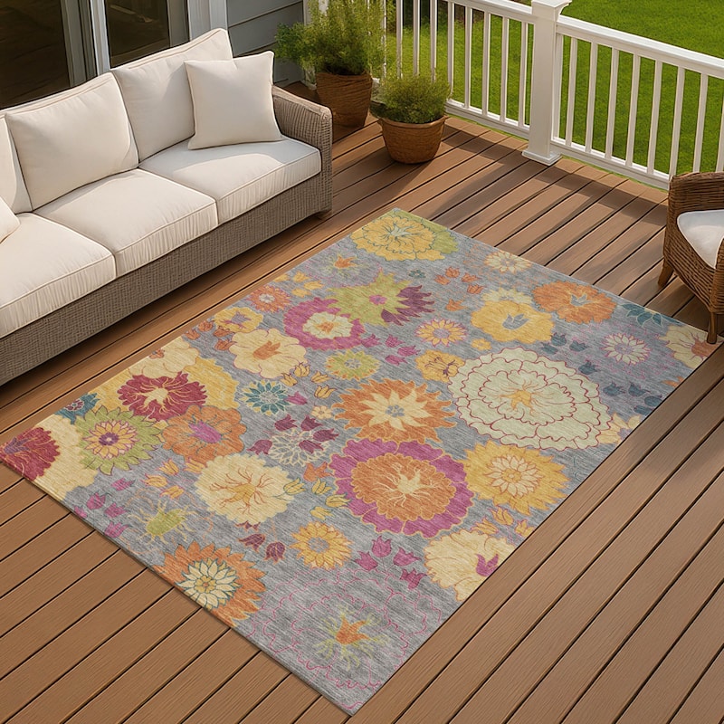 Machine Washable Indoor/ Outdoor Modern Floral Chantille Rug - Gray - 10' x 14'