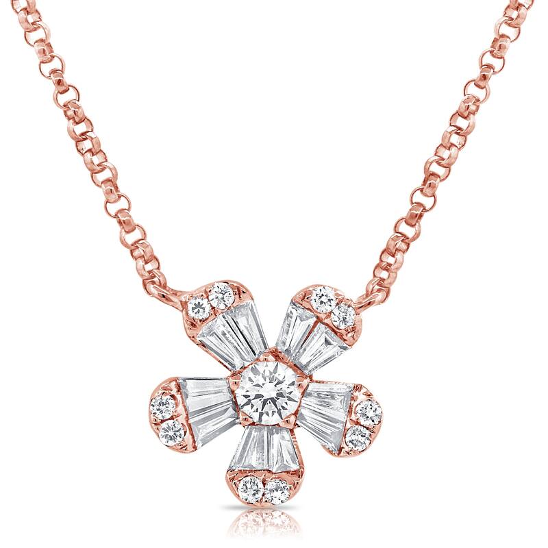 Joelle Collection Baguette Diamond Flower Necklace 14K Gold