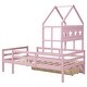 preview thumbnail 26 of 28, Twin Size House Platform Bed with 1 Storage Drawer and Guardrail, Solid Wood Kids Bed Frame with House-Shaped Headboard & Ladder