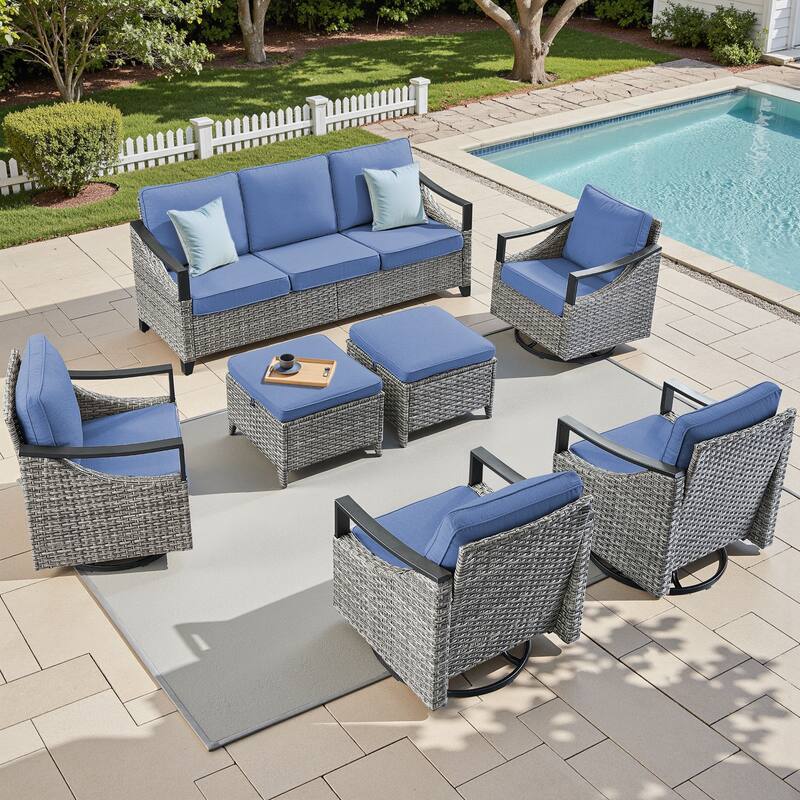 Pocassy Outdoor Sofa Swivel Patio Chair Table with Ottoman Set - Gray Wicker Blue Cushion - 7-Piece Sofa Swivel Chair with Ottoman