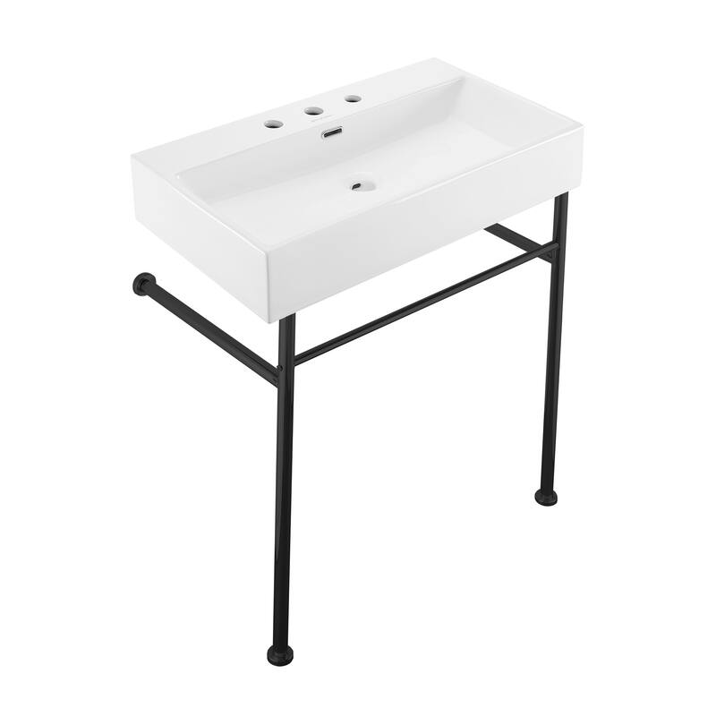Claire 30" Console Sink White Basin Black Legs With 8" Widespread Holes - 30" x 16" x 35"