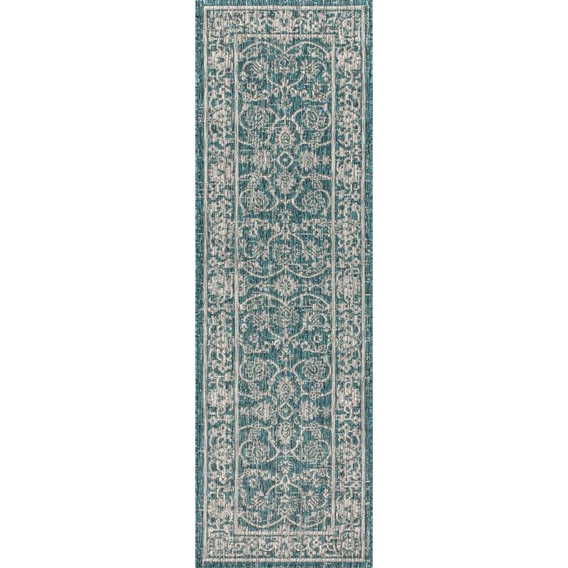 JONATHAN Y Palazzo Vine and Border Textured Weave Indoor/Outdoor Area Rug - 2 X 8 - Teal/Grey