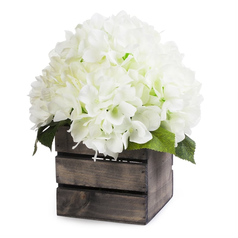 Enova Home Artificial Silk Hydrangea Fake Flowers Arrangement in Wood Planter for Home Office Wedding Decoration
