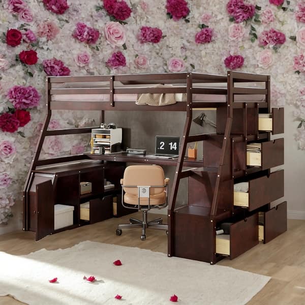 slide 2 of 16, Plywood Twin Size Loft Bed with Desk, Drawers and Shelves Espresso
