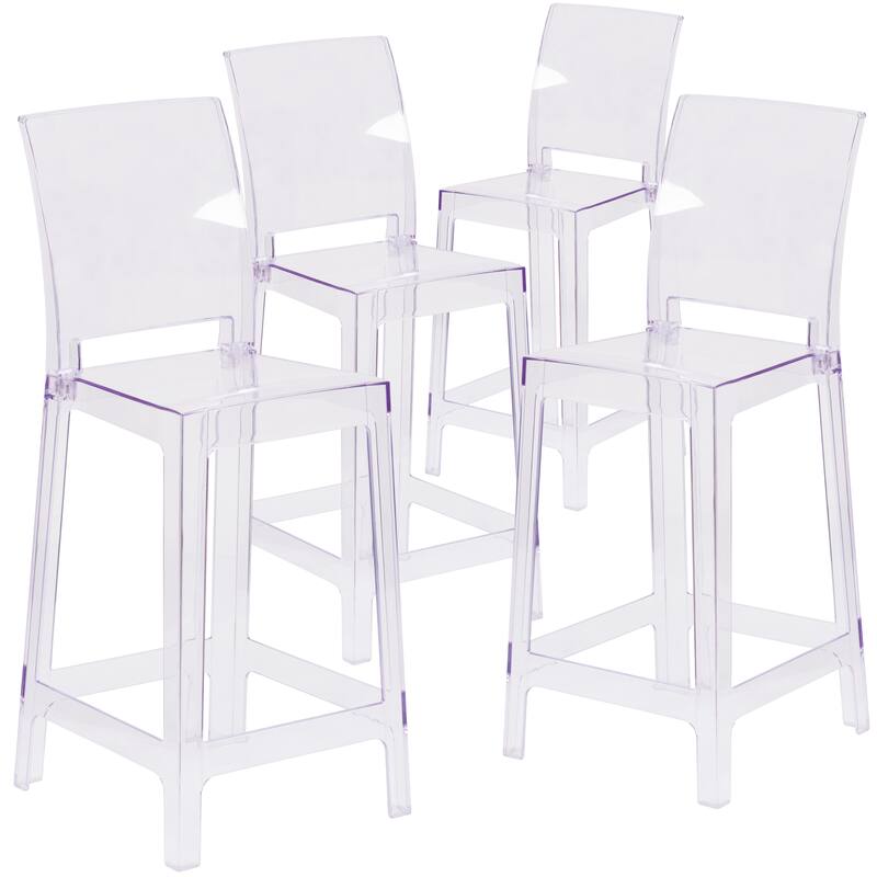 4PK Ghost Counter Stool with Square Back in Transparent Crystal - Wedding Chairs