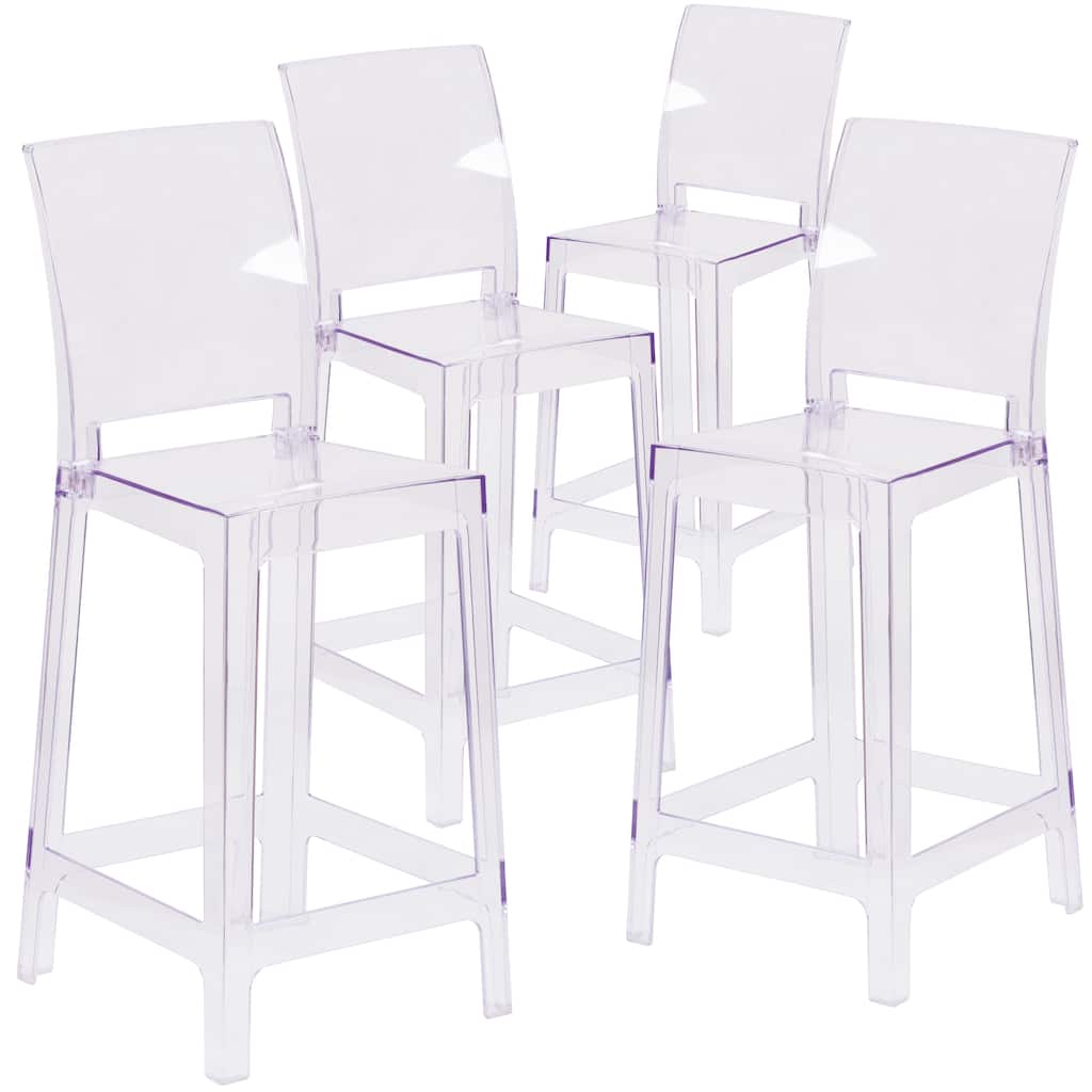 4PK Ghost Counter Stool with Square Back in Transparent Crystal - Wedding Chairs