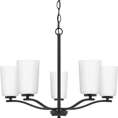 Adley Collection Five-Light Matte Black Etched White Glass New Traditional Chandelier - 22.87 in x 22.87 in x 17.25 in