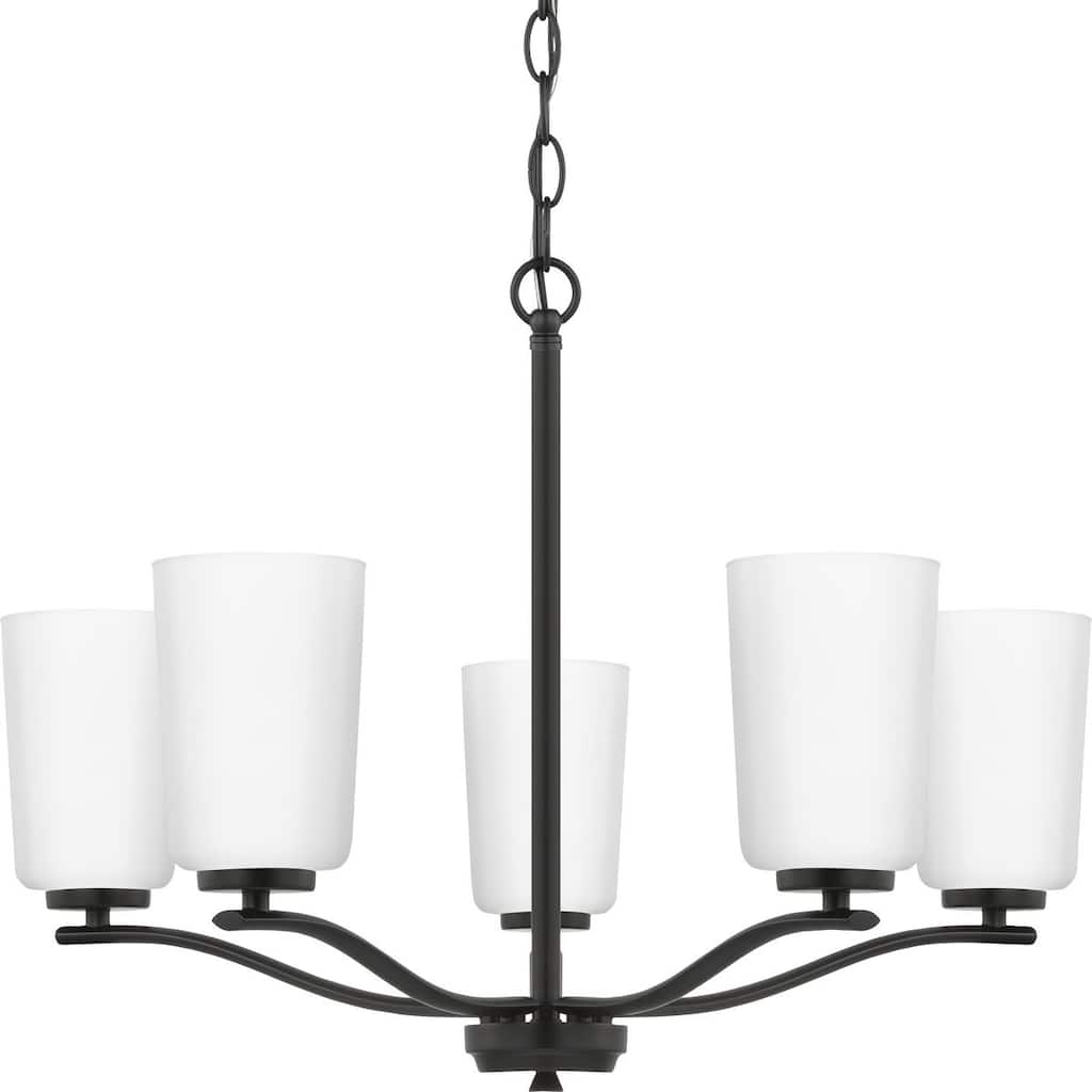 Adley Collection Five-Light Matte Black Etched White Glass New Traditional Chandelier - 22.87 in x 22.87 in x 17.25 in