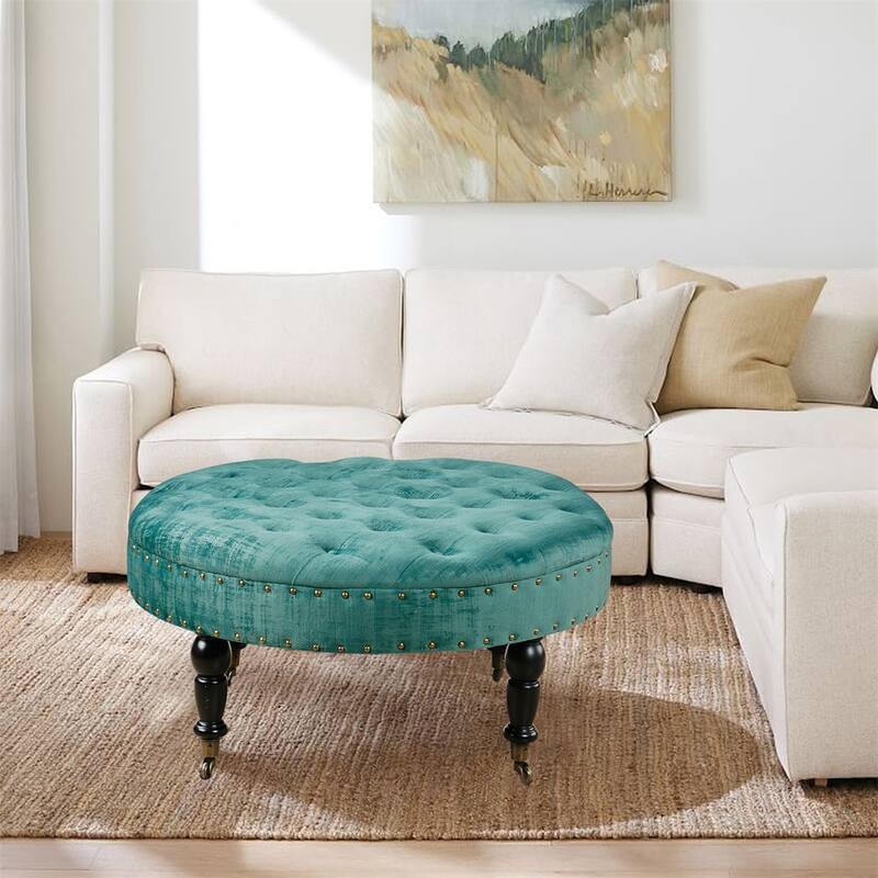 Round Velvet Tufted Coffee Table Ottoman, 34" x 34" x 17" H