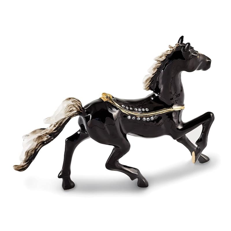Curata Pewter Crystals Gold-Tone Enameled Pepper Black Horse White Mane Trinket Box on 18 Inch Necklace