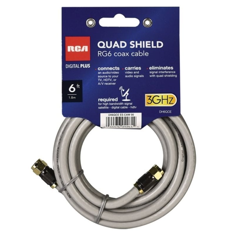 RCA DH6QCE Quad-Shield RG6 Coax Cable, 6 Feet - Gray, Gold