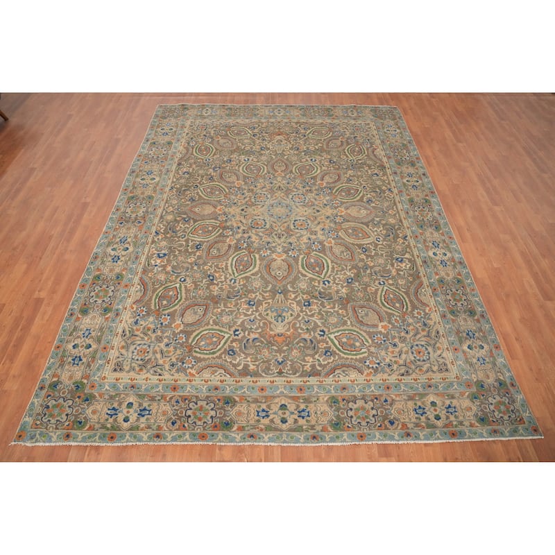 Hand Knotted Oriental 100% Wool Carpet Traditional Floral Greys & Charcoal Tabriz Area Rug - 11' 11'' X 9' 0''