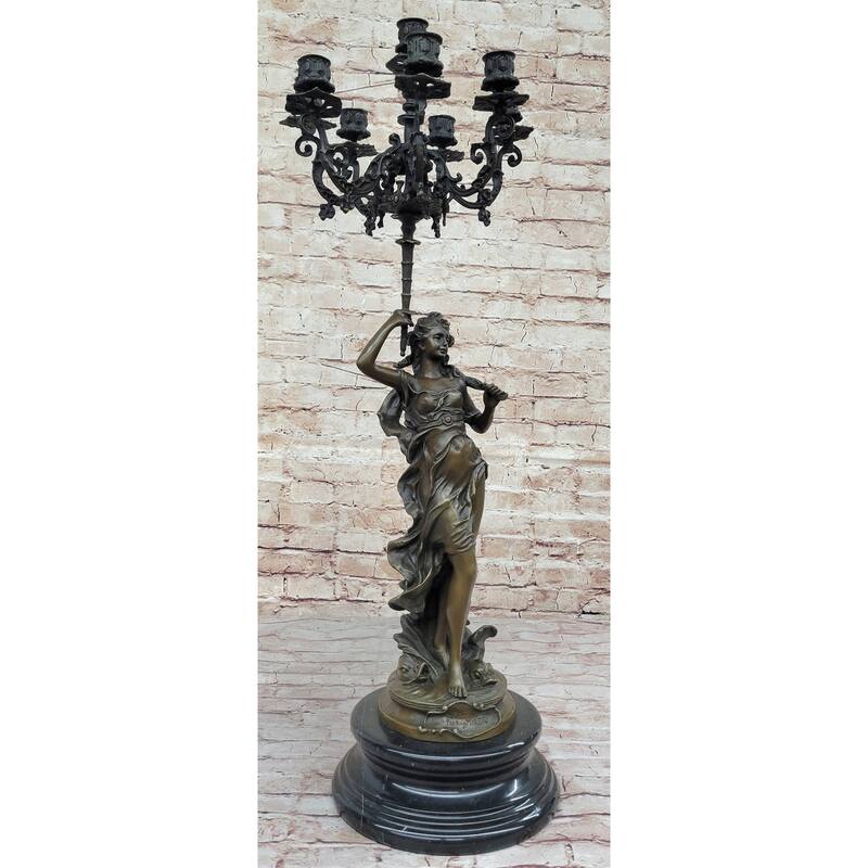 Hot Cast Bronze Figurative French Candelabra Candleholder Female Figure By Moreau