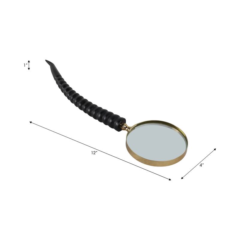 Glass Buffalo Horn Magnifying Glass Sculpted Handle Decor - 1" Black - 12" x 4" x 1"