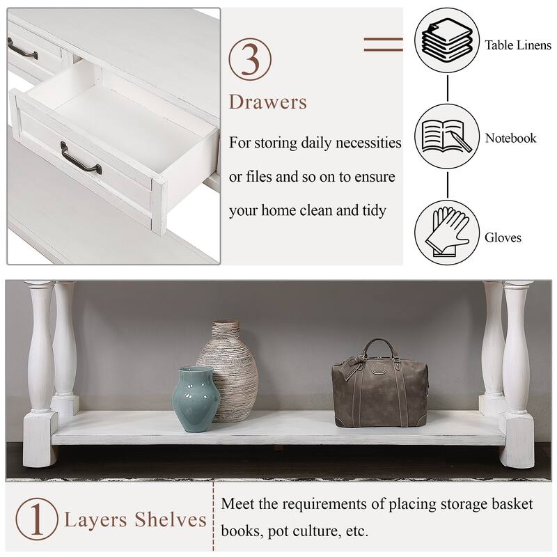 Solid Wood Console Table with 3 Drawers and Bottom Shelf