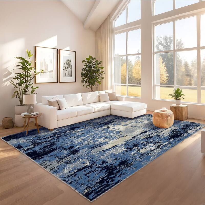 Area Rugs for Living Room Bedroom, Modern Abstract Machine Washable Rug, Low Pile Floor Carpet with Non Slip Backing - 9'x12' - Blue