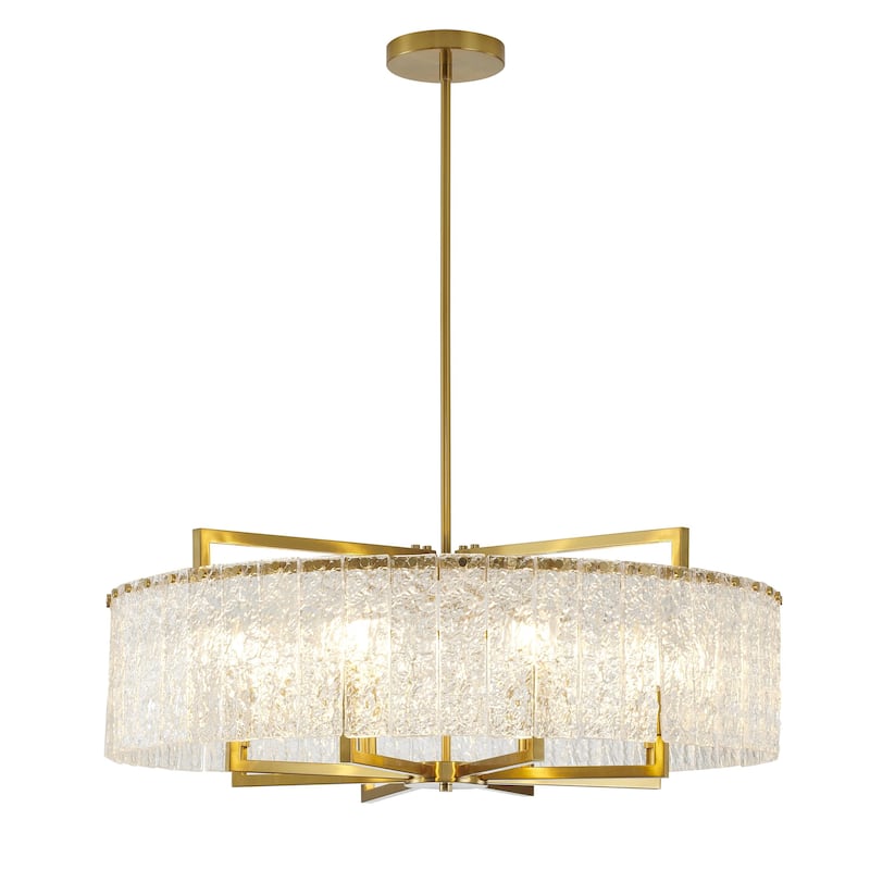 8-Light Brass Chandelier With Clear Rippled Glass