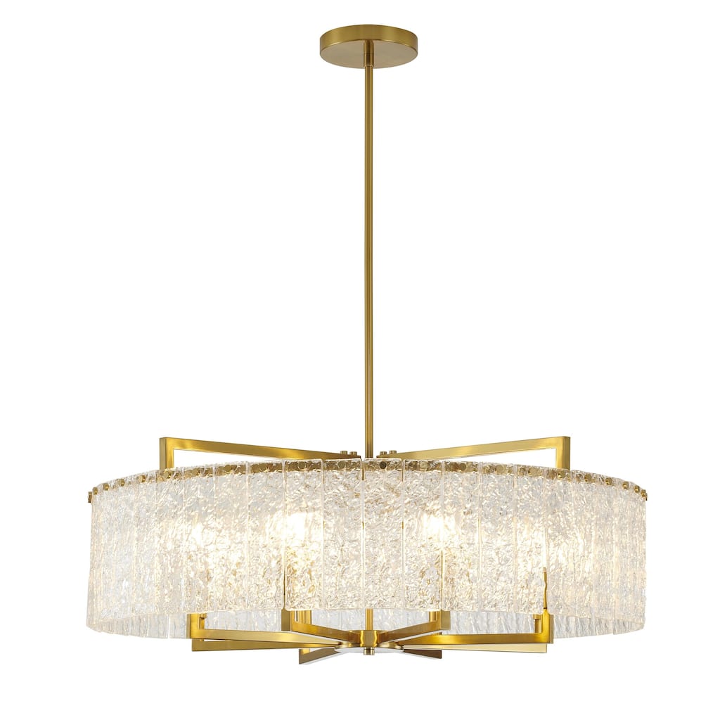 8-Light Brass Chandelier With Clear Rippled Glass