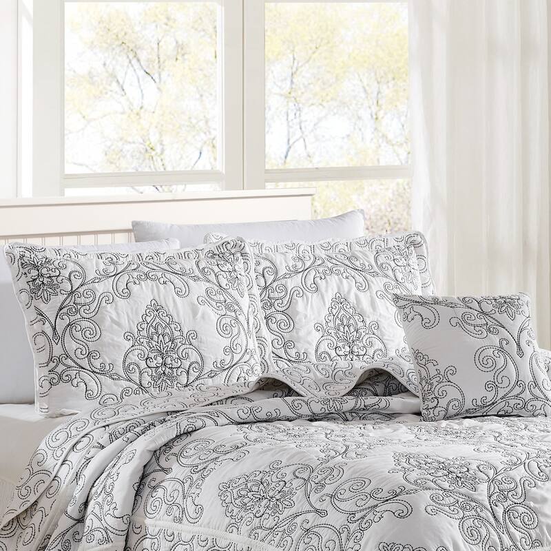 4 Piece Damask Embroidery Coverlet Set Soft Microfiber Bedding