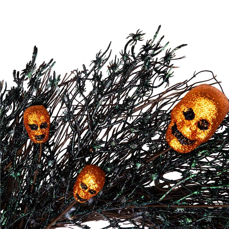 Black & Orange Skulls & Spiders Halloween Twig Wreath, 22-Inch