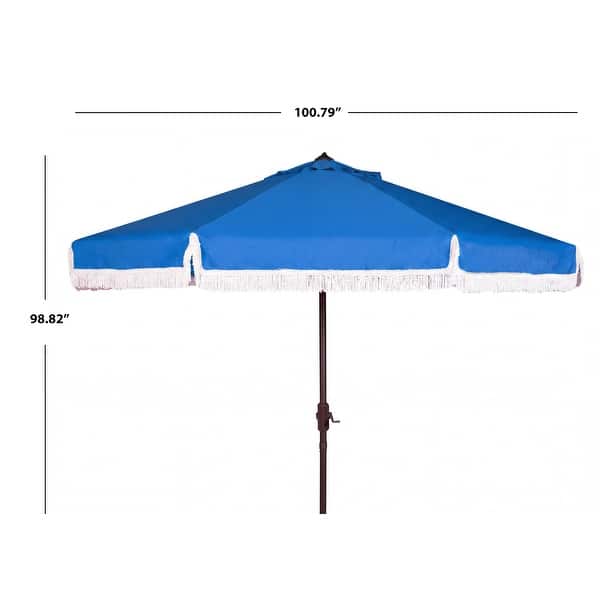 dimension image slide 1 of 5, SAFAVIEH Milan 9ft Round Outdoor Patio Umbrella with Fringe Trim - UV Resistant, Crank Lift & Button Tilt