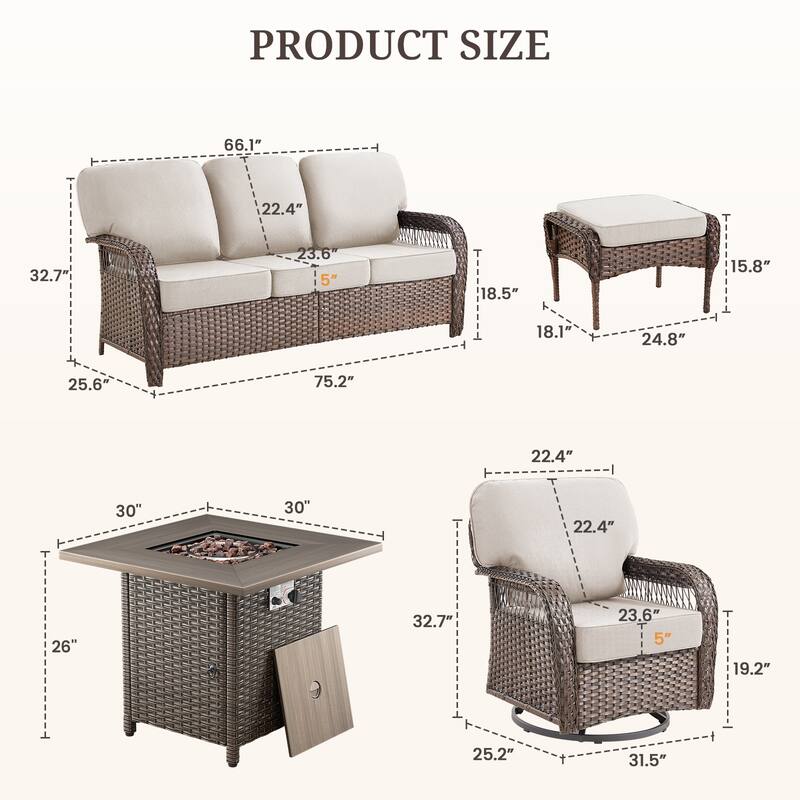 Pocassy Outdoor Sofa Ottoman Swivel Chair Table with Fire Table Set.
