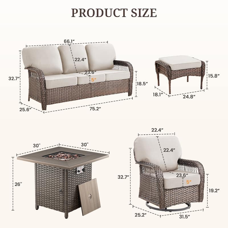 Pocassy Patio Outdoor Fire Table with Sofa Ottoman Swivel Chair Funiture Set.