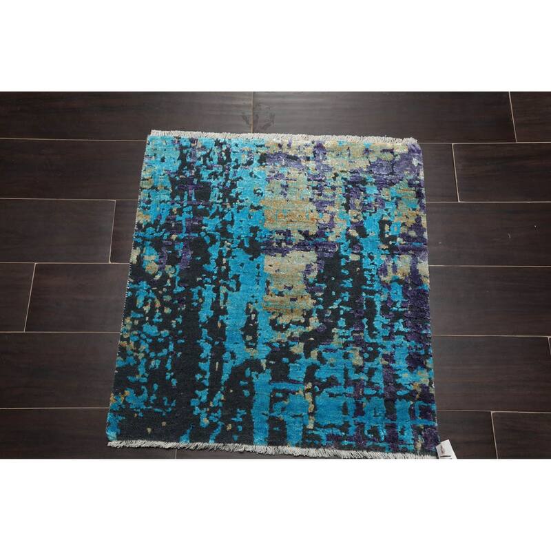 Hand Knotted Turquoise Tibetan Wool & Silk Oriental Area Rug (Square) - 2' x 2'