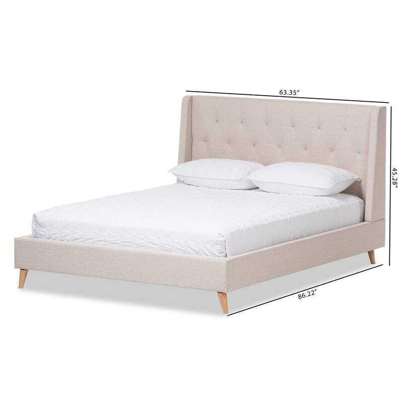 King Size Platform Bed with Winged Headboard - Upholstered Fabric Bed Frame - Beige Bedroom Furniture