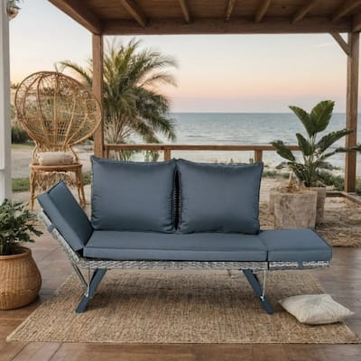 Patio Wicker Side Foldable Bench, Durable Outdoor Backyard Conversation Bench with Grey Wicker and Dark Grey Cushion - N/A