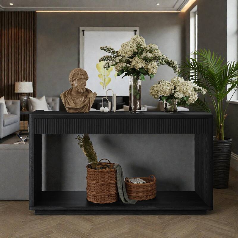 60" Modern Fluted Console Table with 2 Drawers, Natural Wood Veneer Sofa Table for Living Room Hallway Entryway