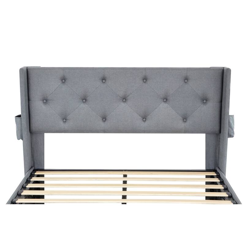 Light Gray Queen Size Metal Platform Bed with Storage, Wingback Headboard, and USB Ports