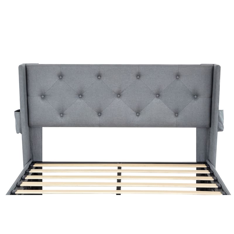 Light Gray Queen Size Modern Metal Platform Bed with USB Ports