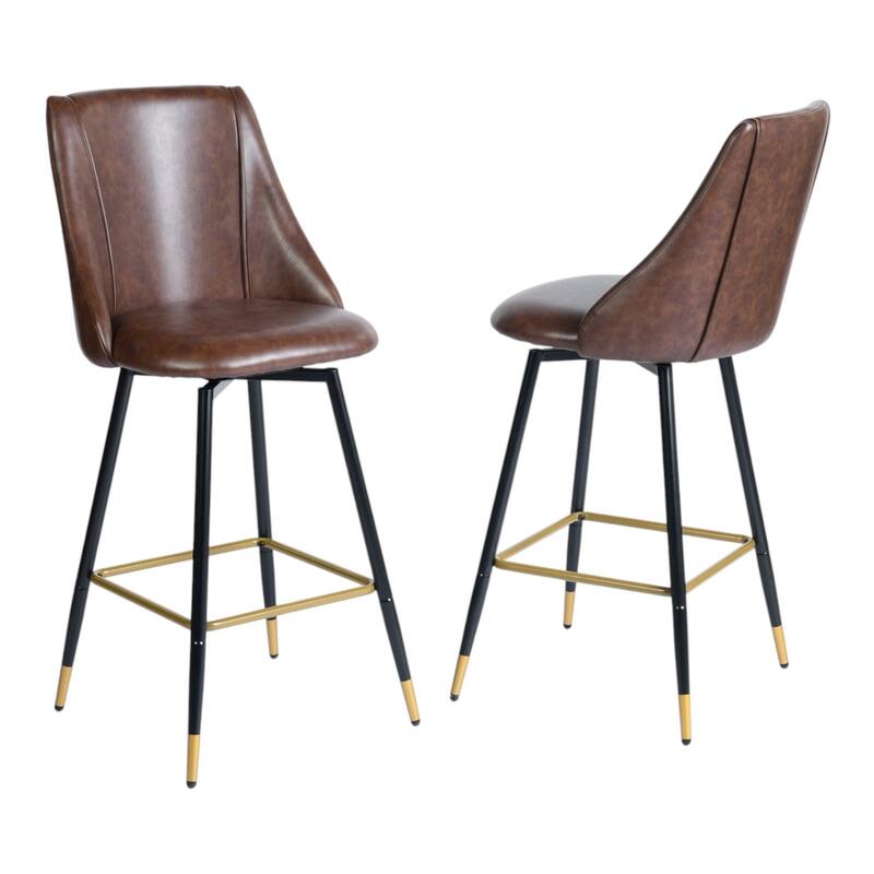 HomeRoots Set of Two 26" Brown and Black and Gold Faux Leather and Metal Counter Height Swivel Bar Chairs