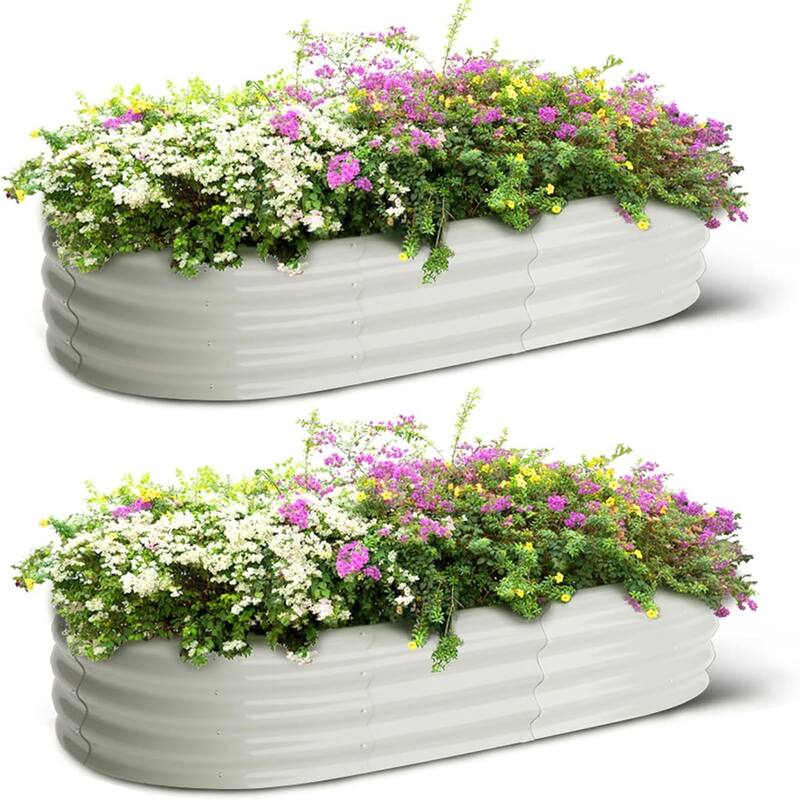 2-Pack Galvanized Steel Oval Raised Garden Beds (4.5x2x1.5FT) - Large Metal Planter Box with Open Base Off-White - Off-White